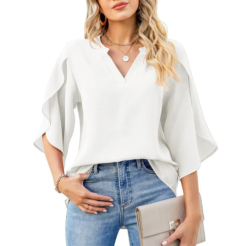 Women's Chiffon V-Neck Blouse with Petal Sleeves