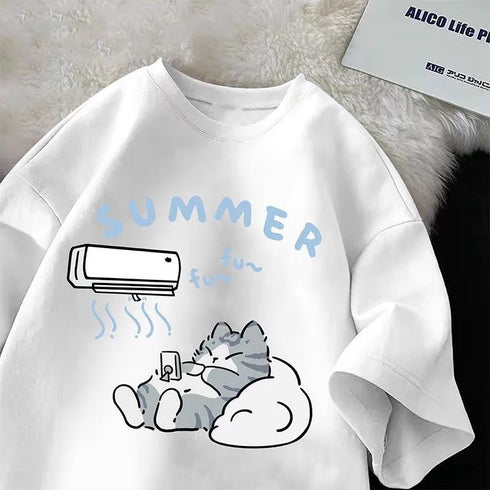 Summer Japanese Cartoon Cute Cat Funny Printed Short-sleeved T-shirt for Ladies and Boys Same Loose Casual Large-size Top
