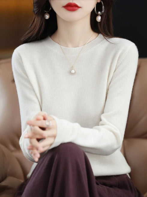 Women's 100% Merino Wool O-Neck Pullover Sweater