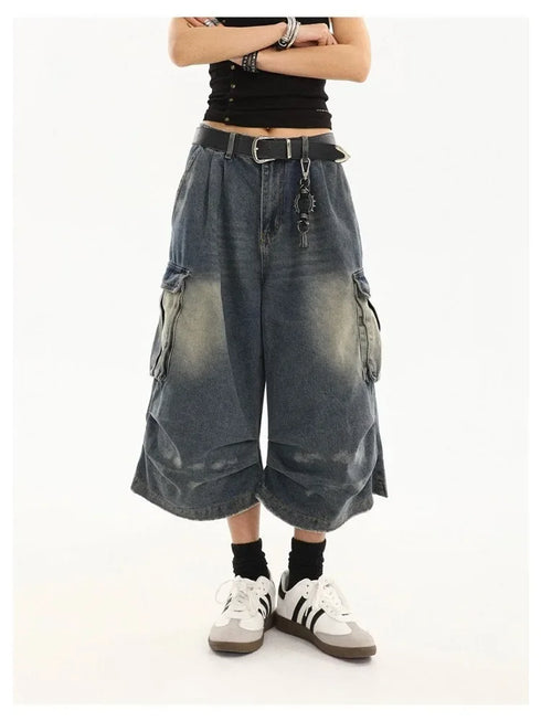 High Waist Vintage Blue Denim Cargo Pants