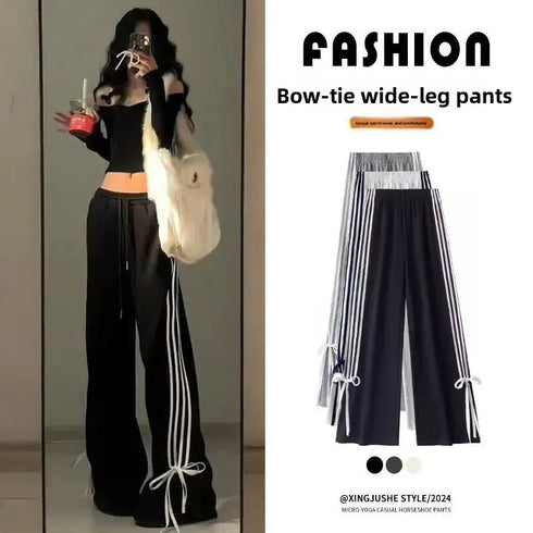 Plus Size Y2K Wide Leg Pants with Bow Tie Detail
