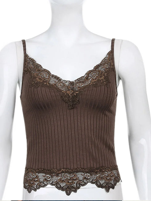 Gothic Lace Trim Bodycon Cami Top in Black