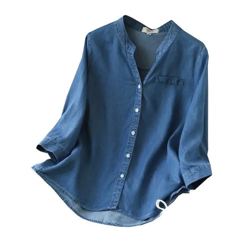 Blue Denim Lyocell Casual V-Neck Blouse