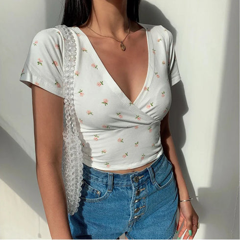 Floral Cross Crop Top - Short Sleeve V-Neck
