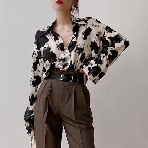 Spring Cow Print Button-Up Blouse for Women