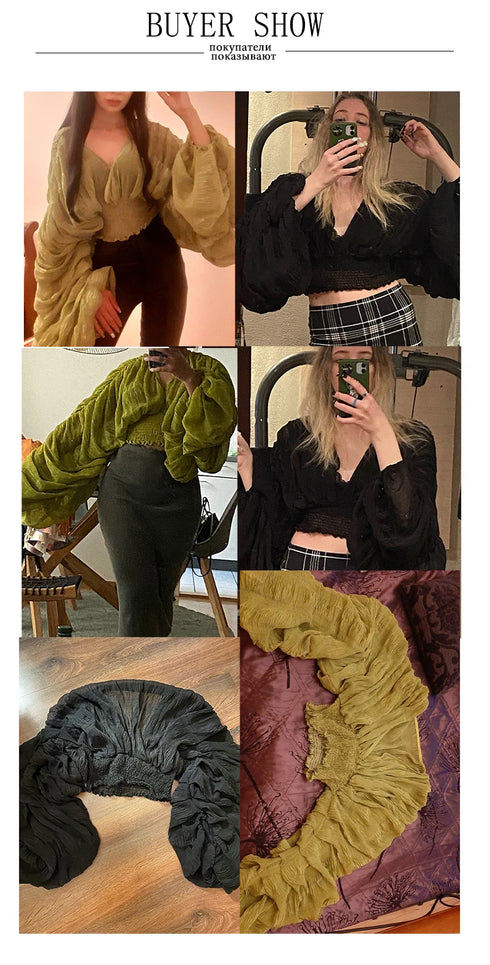 Elegant V-Neck Puff Sleeve Chiffon Blouse