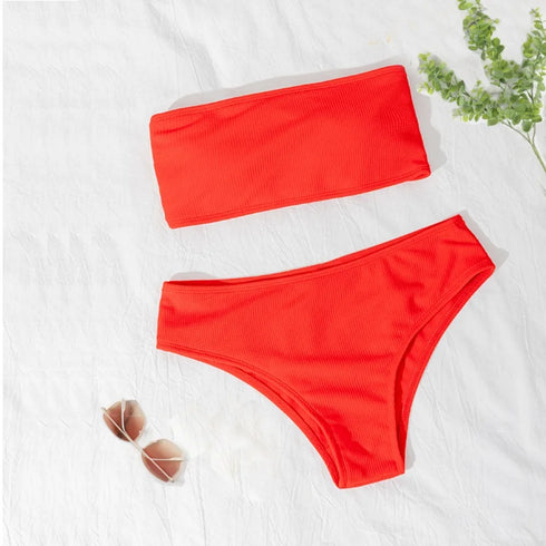 Strapless High Waist Bikini Set in Red