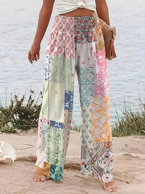 Plus Size Floral Printed Wide Leg Pants