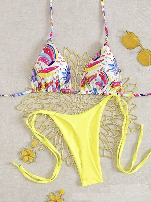 Tropical Fruit Print High Waisted Bikini Set