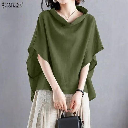 2025 ZANZEA Stylish Office Shirt Women Blouse Chic Pile Collar Half Sleeve Solid Tops Female OL Work Blusas Mujer Loose Chemise