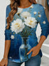 Women's blue floral watercolor print long-sleeved loose-fitting round neck top, casual, everyday, stylish and elegant.