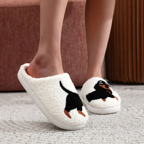 Dachshund Embroidery Furry Cotton Slippers