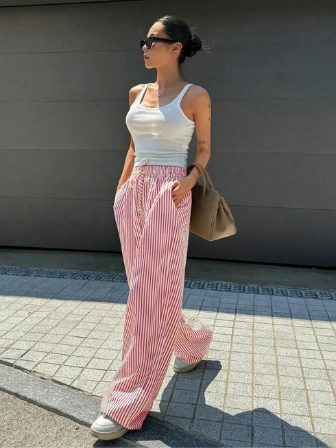 Plus Size Striped Drawstring Casual Pants