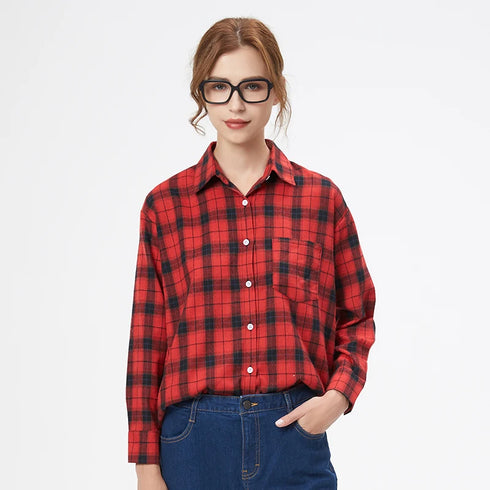 Loose Fit Cotton Plaid Shirt for Women