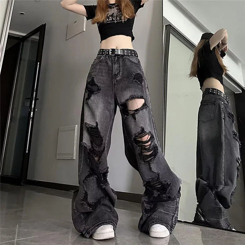 Vintage Black Ripped Wide Leg Jeans for Women