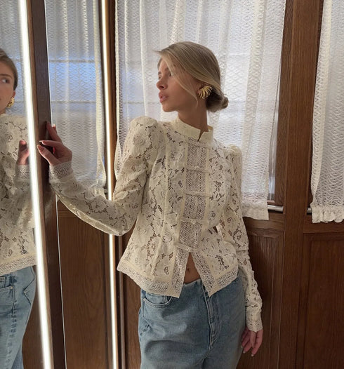 White Lace Hollow Out Blouse for Women