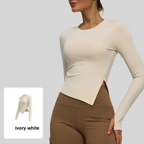 Long Sleeve O-Neck Yoga Top in Solid Colours
