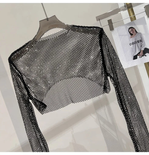Hollow Out Rhinestone Long Sleeve Crop Top