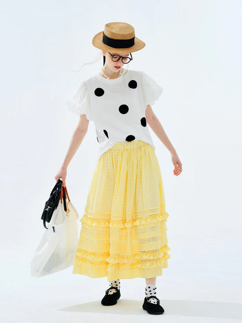 Women's White Polka Dot Puff Sleeve Blouse