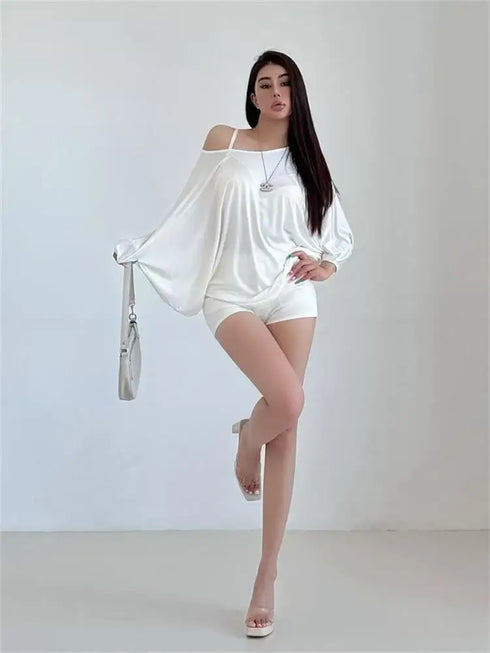 Solid Oversized T-shirt with Batwing Sleeves