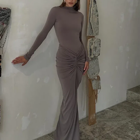 Ruched Mock Neck Bodycon Maxi Dress