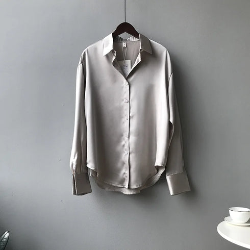 Spring Fashion Button Up Silk Shirt Vintage Blouse Women Satin Tops Office Lady Elegant Long Sleeves Female Loose Shirts 11355