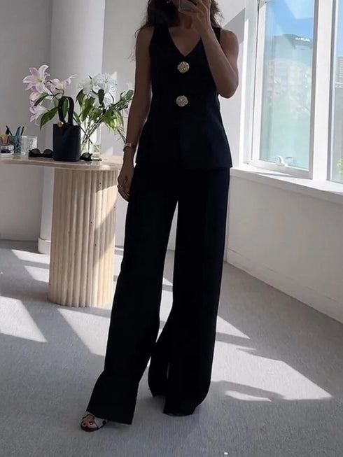 Women's V-Neck Sleeveless Waistcoat & Wide Leg Pant Set