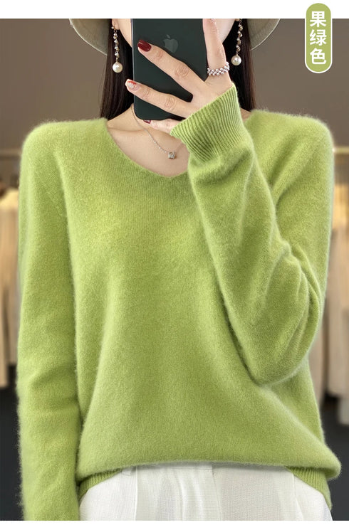 100% Merino Wool V-Neck Pullover Sweater for Women