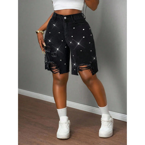 Women's Black Denim Shorts with Distressed Detail
