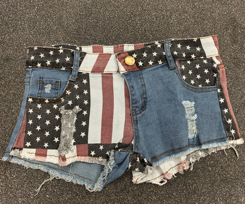 Womens Denim Flag Print Mini Shorts