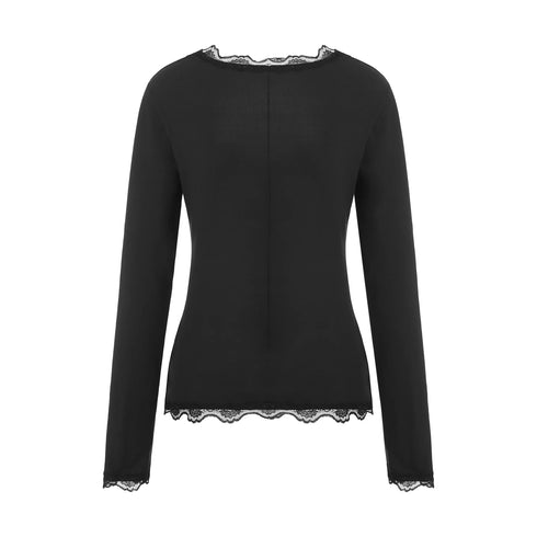 New Women´s Crop Tops, Long Sleeve Solid Color Jagged V Neck Lace Hem Button Down Slim Fit Shirt