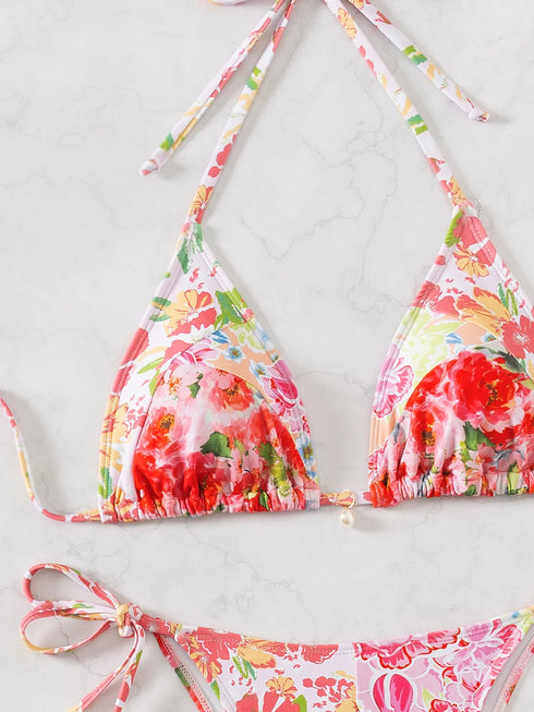 Floral Print Triangle Bikini Set with Brazilian Bottoms