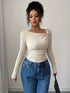 Elegant Asymmetrical Long Sleeve Pleated T-Shirt in Beige