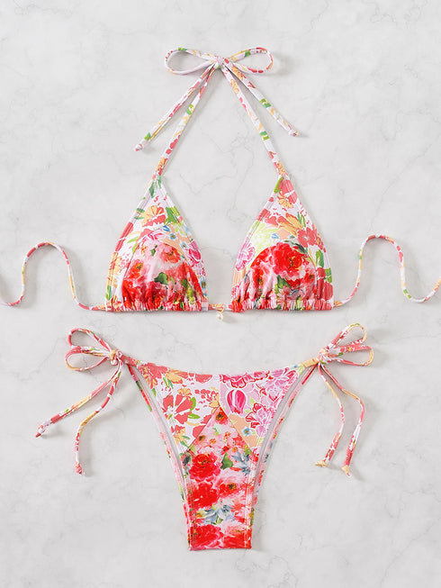 Floral Print Triangle Bikini Set with Brazilian Bottoms