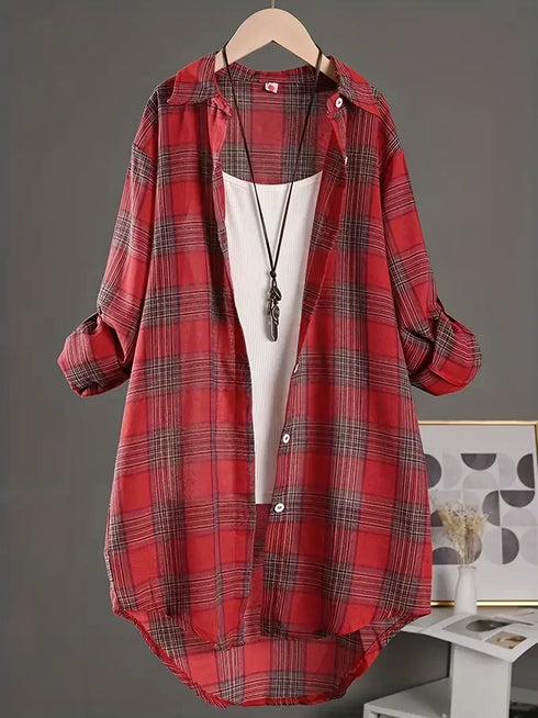 Plus Size Korean Style Plaid Long Sleeve Blouse