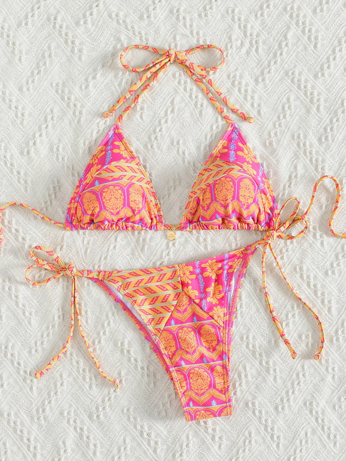 Floral Print Triangle Bikini Set with Brazilian Bottoms