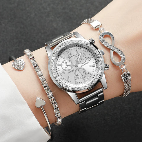 Silver Colour Stainless Steel Quartz Watch & Beads Set