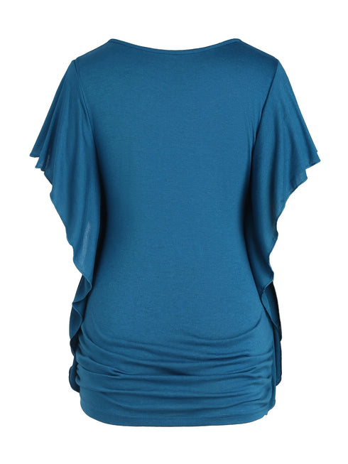 Plus Size Women's Ruffle Sleeve Slant Placket T-shirt