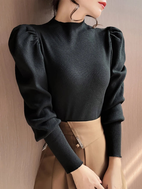 Slim Fit Turtleneck Sweater with Puff Sleeves