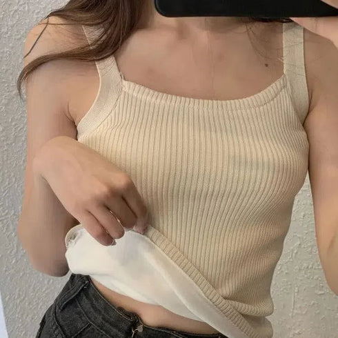Autumn Winter Fleece Knit Tank Tops Women Thin Strap Sleeveless T-Shirt Female Backless Basic Tops Camis Lady Casual Solid color