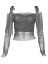 Women's Y2K Streetwear Solid Slash Neck Crop Top Sexy Off-Shoulder Long Sleeve Slim Mesh Tee Straps T-Shirt