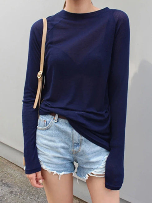 Casual Long Sleeve T-Shirt in Blue and Navy
