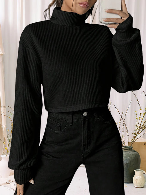Stylish Black Turtleneck Long-Sleeved Top