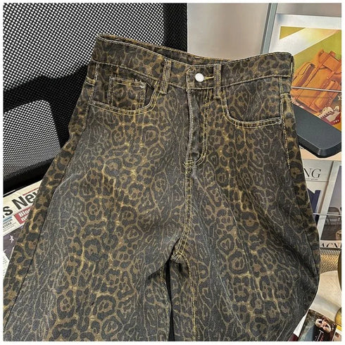 High Waisted Leopard Print Wide Leg Jeans