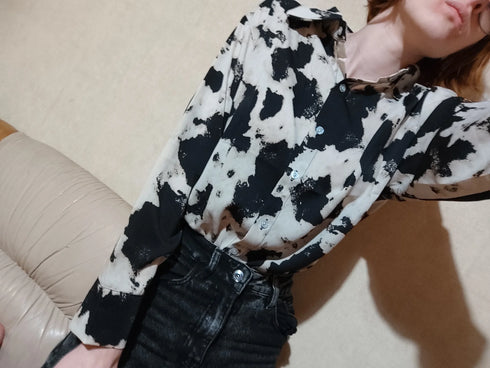Spring Cow Print Button-Up Blouse for Women