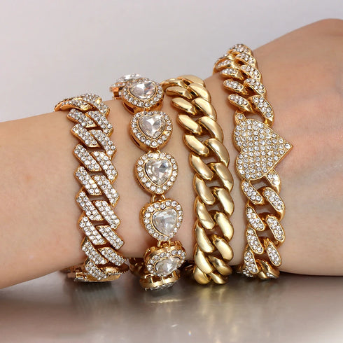 Iced Out Crystal Heart Tennis Miami Cuban Link Chain Bracelet