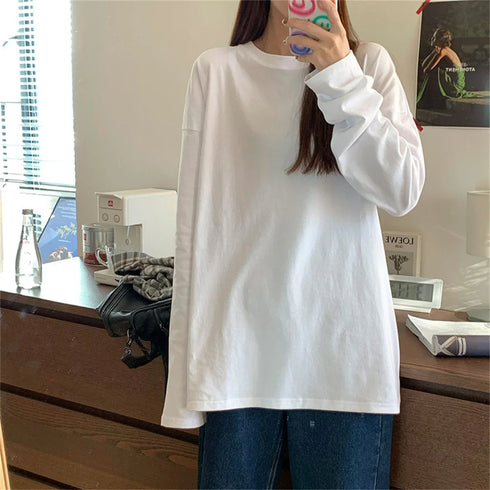 Oversized Long Sleeve O-Neck T-Shirt in Black and White