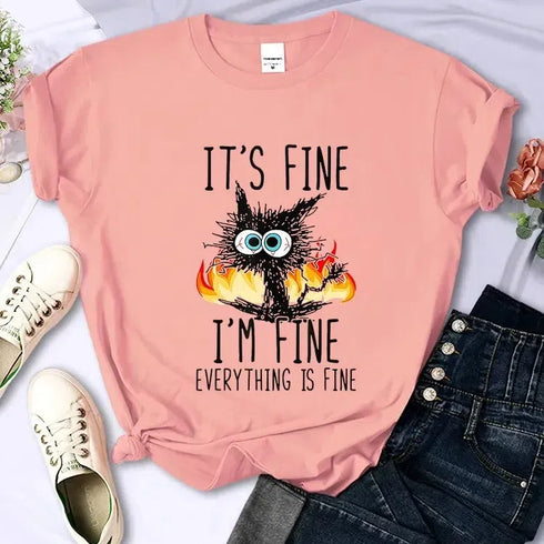 Oversized Black Cat T-Shirt - 'It's Fine, I'm Fine'