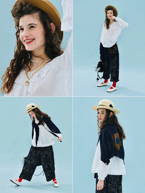 Imakokoni Autumn Loose Cotton T-Shirt with Lace Collar