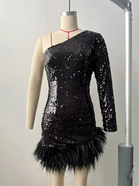 Open-Back Sequined Mini Dress with Feather Detail